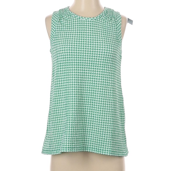 LOFT Green Gingham Sleeveless Tank Top Smocked Shoulder Shell - Picture 2 of 7